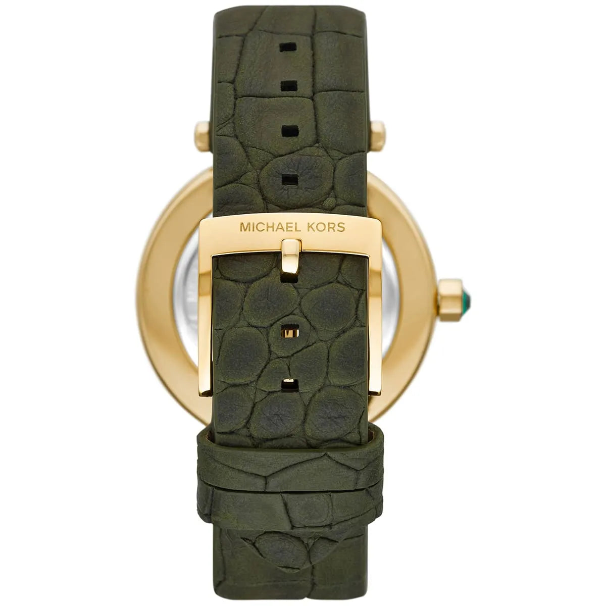 Top-down view of Michael Kors Parker watch with green leather strap and crystal bezel visible