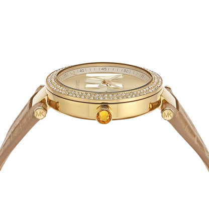 Michael Kors Parker MK4725 angled view showing gold case with crystal bezel and tan leather strap