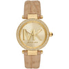 Michael Kors Parker MK4725 women's watch with gold dial, crystal-set bezel, and tan leather strap