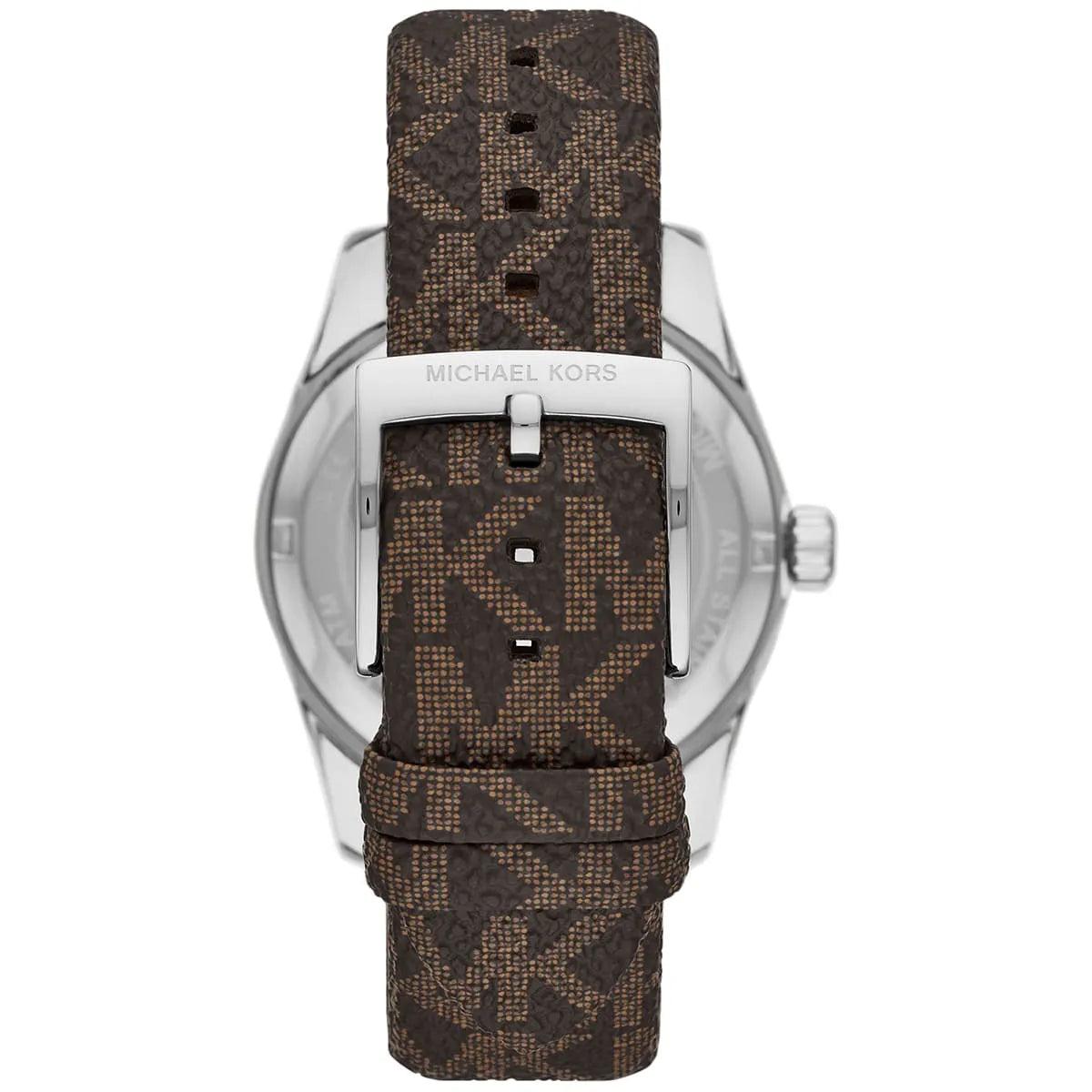 Michael Kors Lexington watch angled view displaying silver case, gold bezel, and brown signature pattern strap
