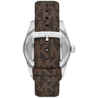 Michael Kors Lexington watch angled view displaying silver case, gold bezel, and brown signature pattern strap
