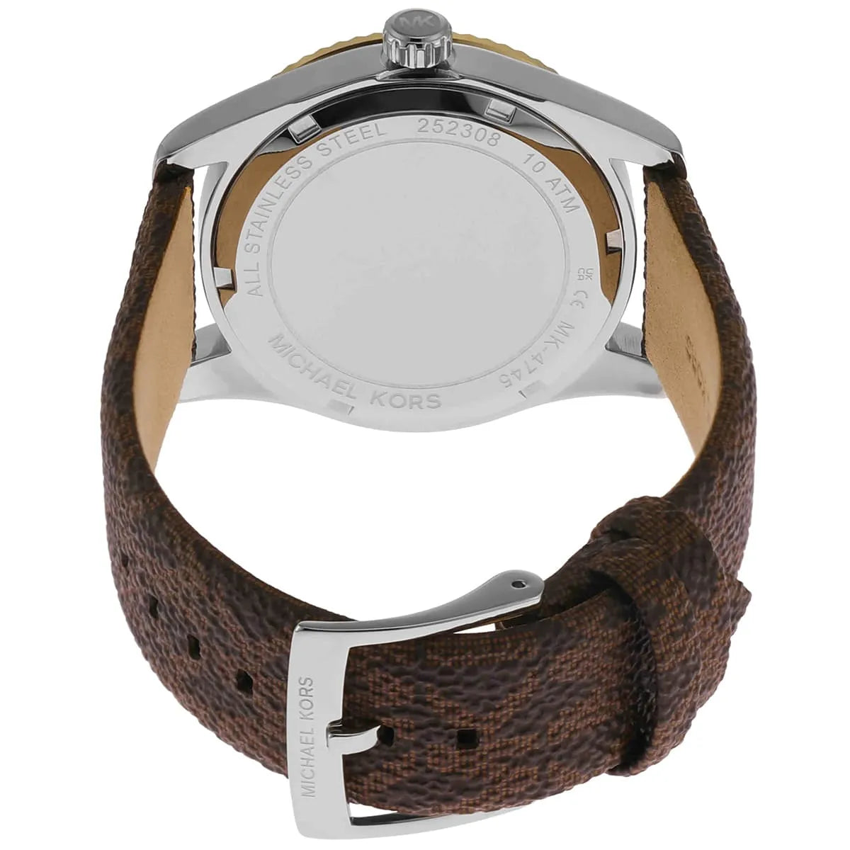 Michael Kors Lexington watch caseback showing silver stainless steel case, brown leather strap, and MK engraving