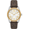 Michael Kors Lexington women's watch with silver dial, two-tone silver and gold bezel, roman numerals, brown signature leather strap