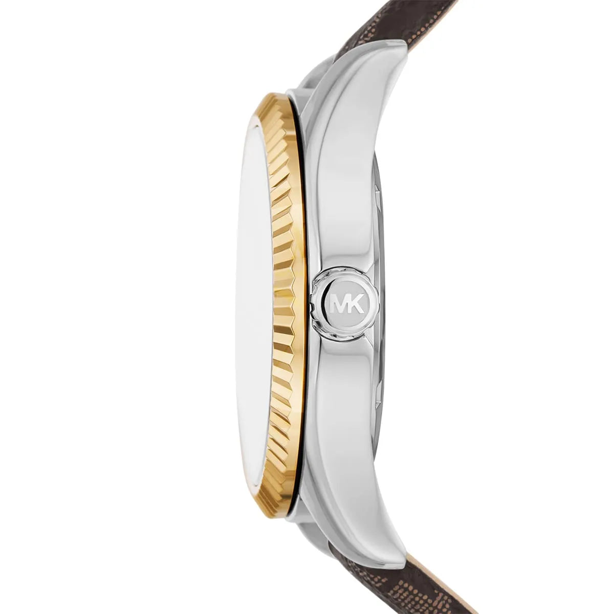 Michael Kors Lexington watch side view showing two-tone silver and gold case profile with brown strap