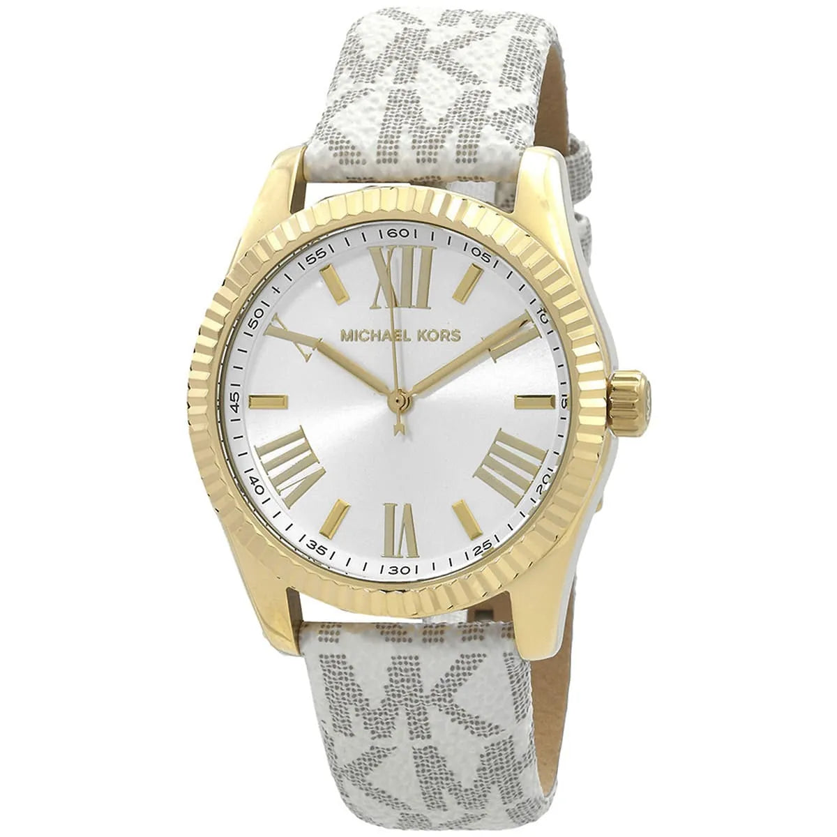 Michael Kors Lexington watch angled view showing white dial with Roman numerals and fluted gold-tone bezel