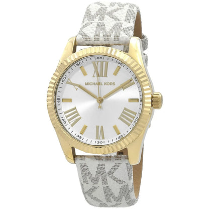 Michael Kors Lexington watch angled view showing white dial with Roman numerals and fluted gold-tone bezel