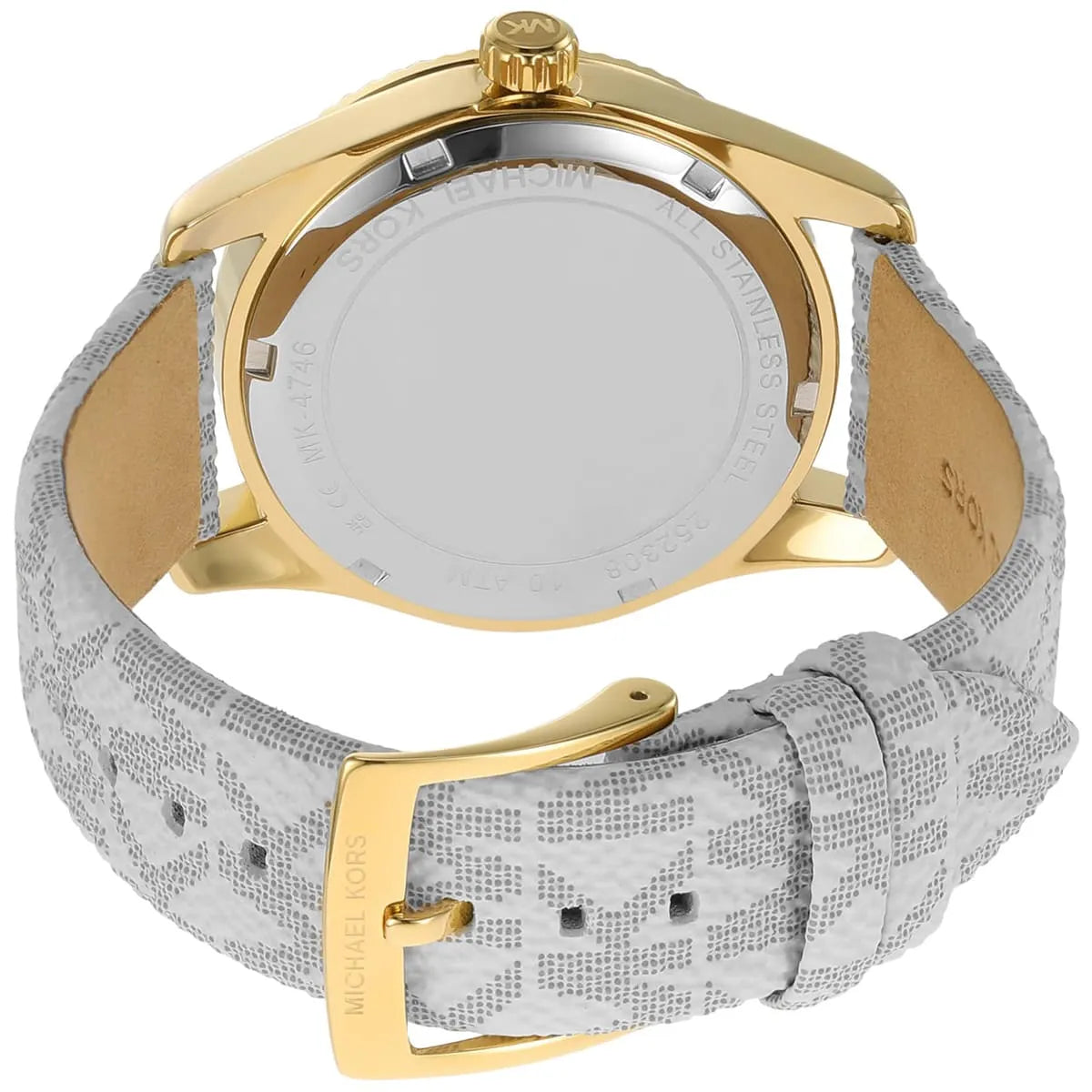 Michael Kors Lexington watch caseback and strap detail showing grey patterned leather with gold-tone elements
