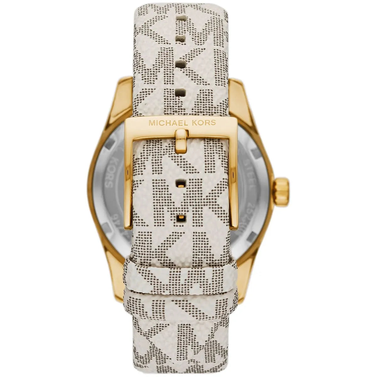 Back view of Michael Kors Lexington watch showing caseback with grey patterned leather strap and gold-tone buckle