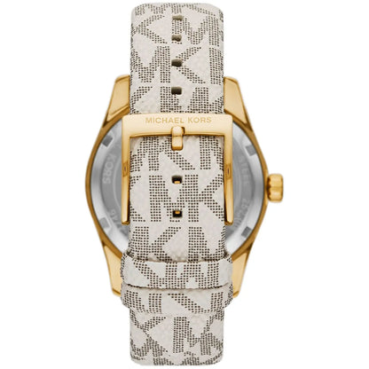 Back view of Michael Kors Lexington watch showing caseback with grey patterned leather strap and gold-tone buckle