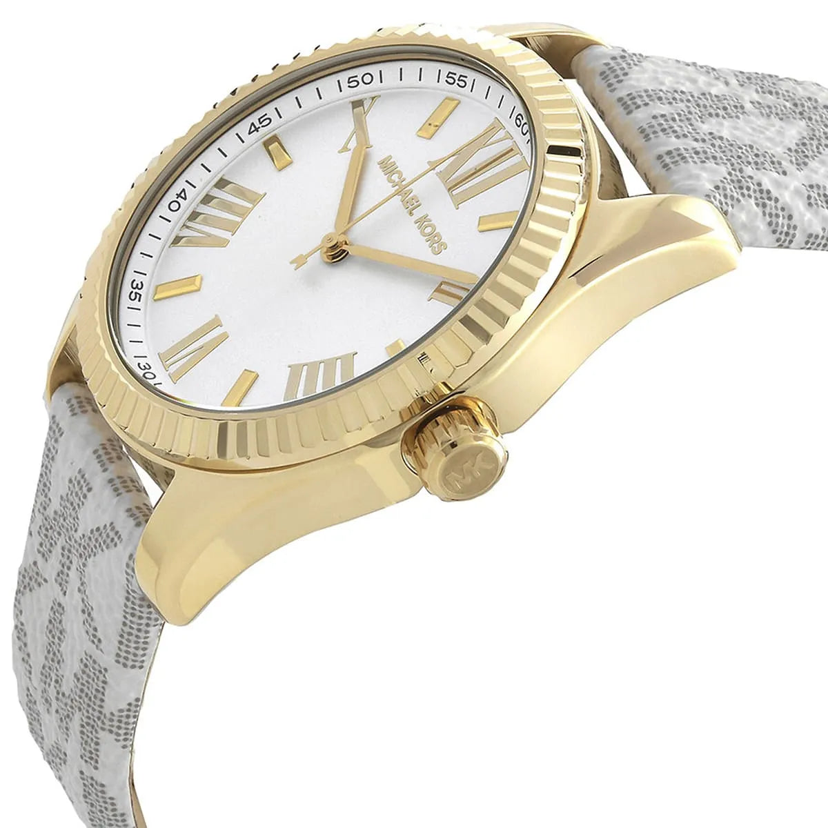 Close-up of Michael Kors Lexington dial featuring white face, Roman numerals, gold-tone hands, and fluted bezel