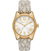 Michael Kors Lexington women's watch with white dial, gold-tone case, Roman numerals, and grey patterned leather strap