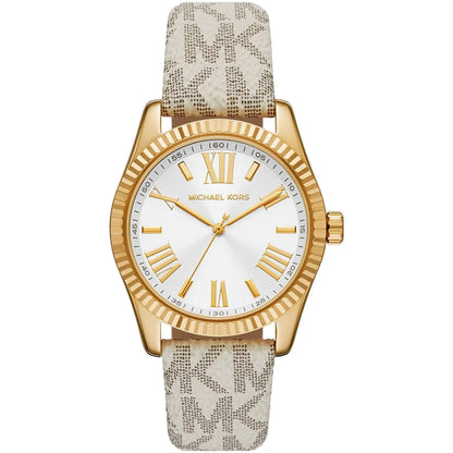 Michael Kors Lexington women's watch with white dial, gold-tone case, Roman numerals, and grey patterned leather strap