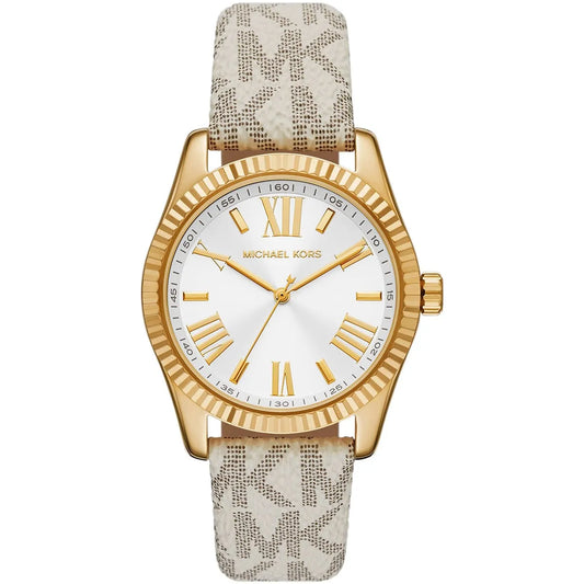 Michael Kors Lexington women's watch with white dial, gold-tone case, Roman numerals, and grey patterned leather strap