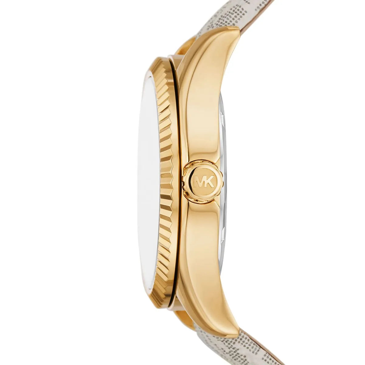 Side profile of Michael Kors Lexington watch showing gold-tone case, crown, and grey patterned leather strap