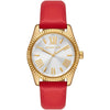 Michael Kors Lexington women's watch with white dial, gold-tone case, and red leather strap