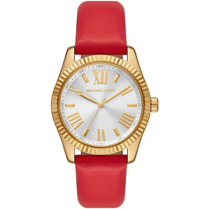 Michael Kors Lexington women's watch with white dial, gold-tone case, and red leather strap