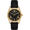 Michael Kors Lexington women's watch with gold case, black dial, Roman numerals, and black leather strap
