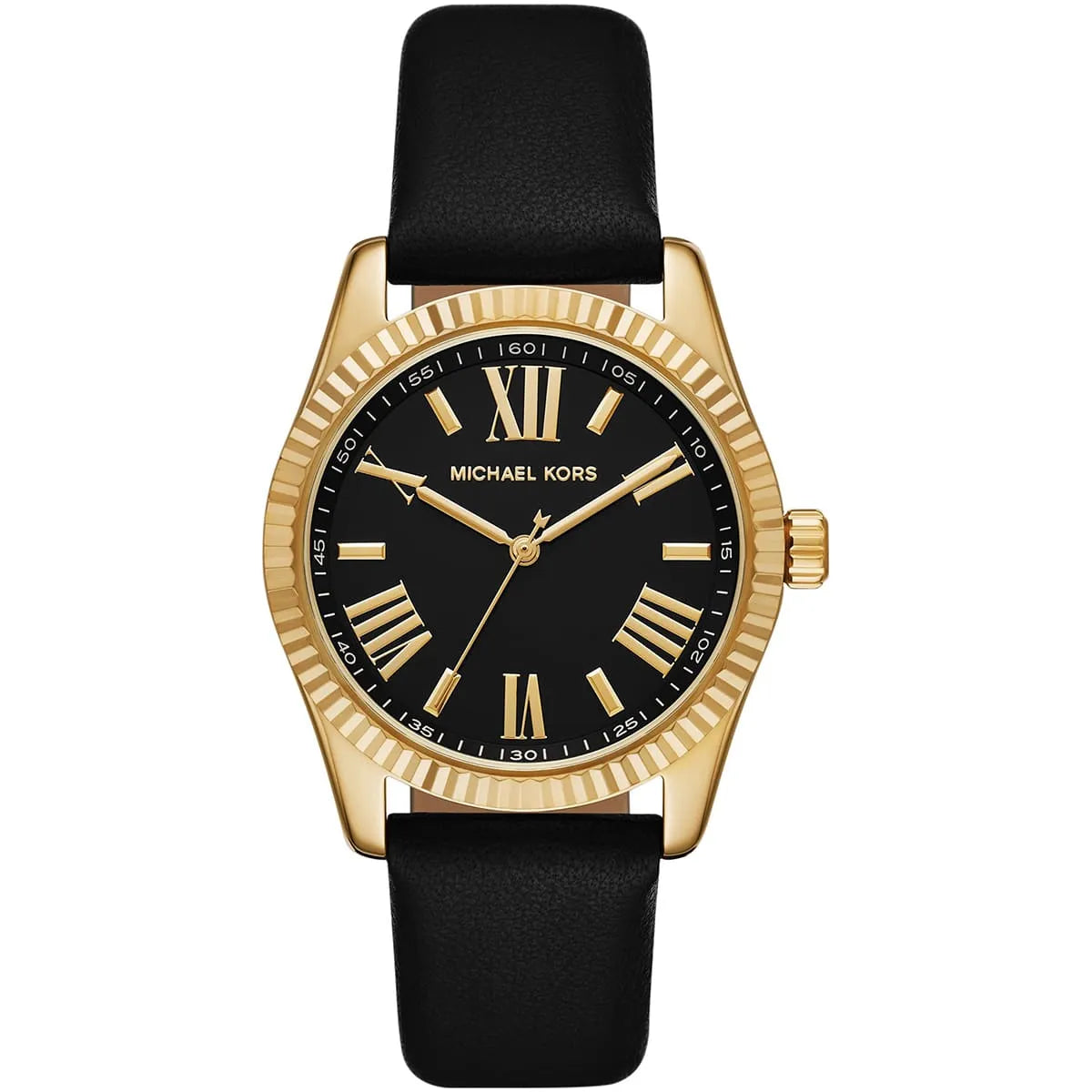 Michael Kors Lexington women's watch with gold case, black dial, Roman numerals, and black leather strap
