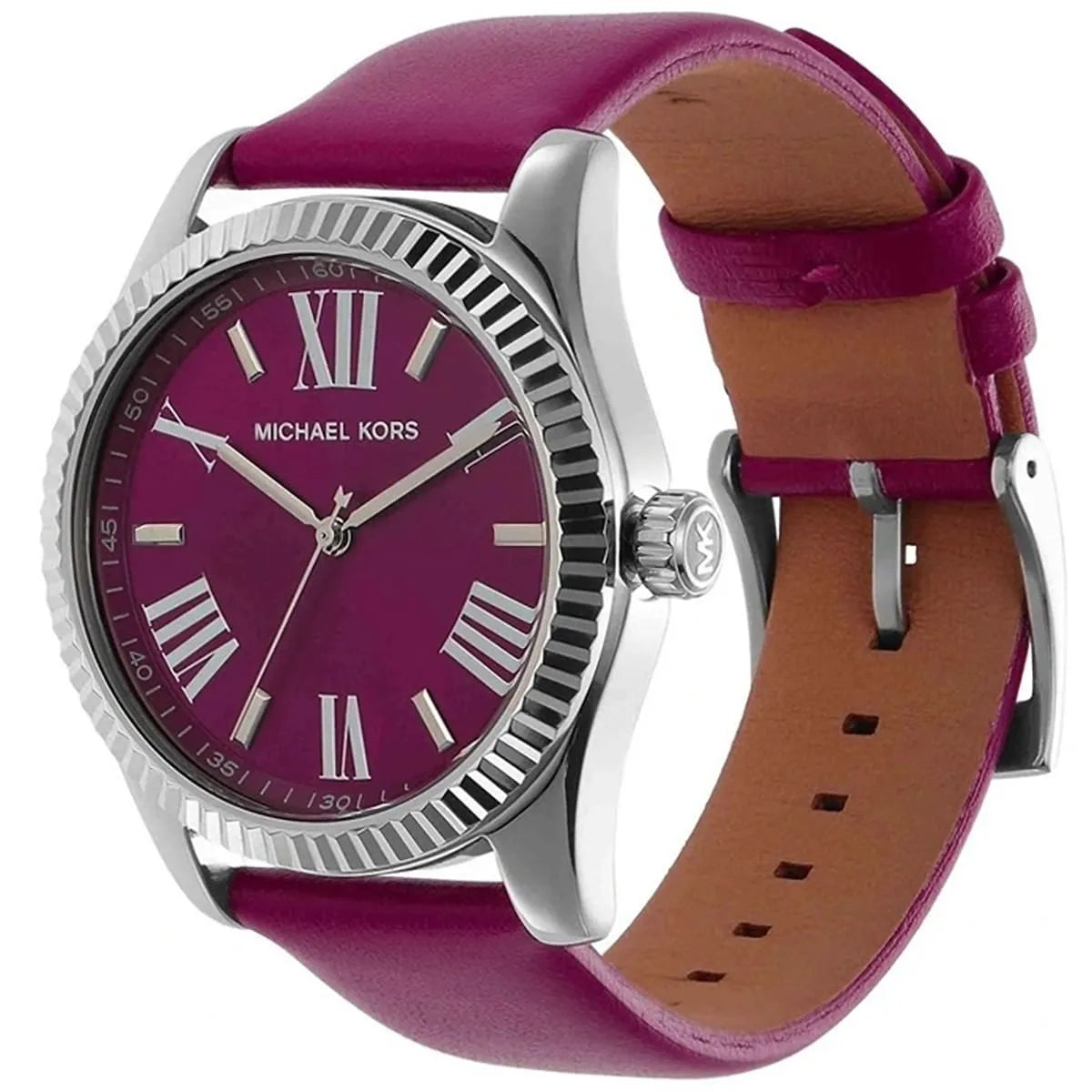 Michael Kors Lexington watch side view showing silver-tone case and pink leather strap
