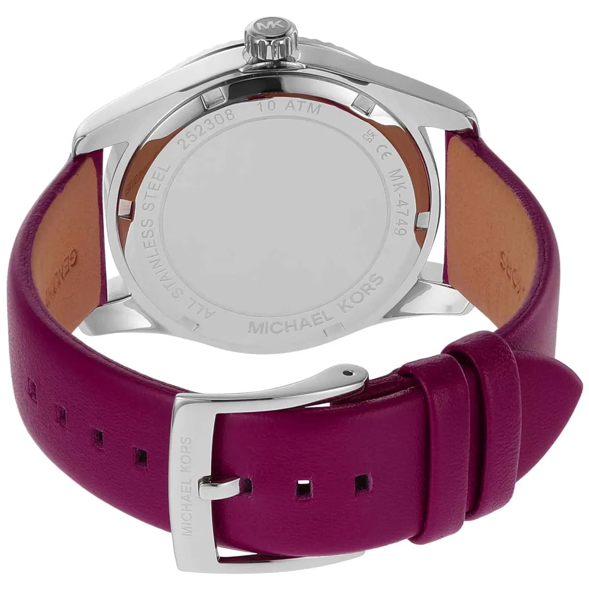 Michael Kors Lexington watch caseback with MK logo and brown leather interior