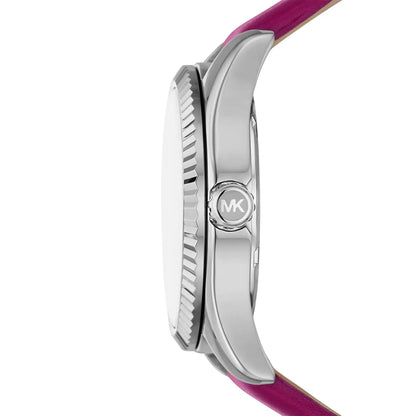 Michael Kors Lexington watch profile view of silver-tone case and pink leather strap