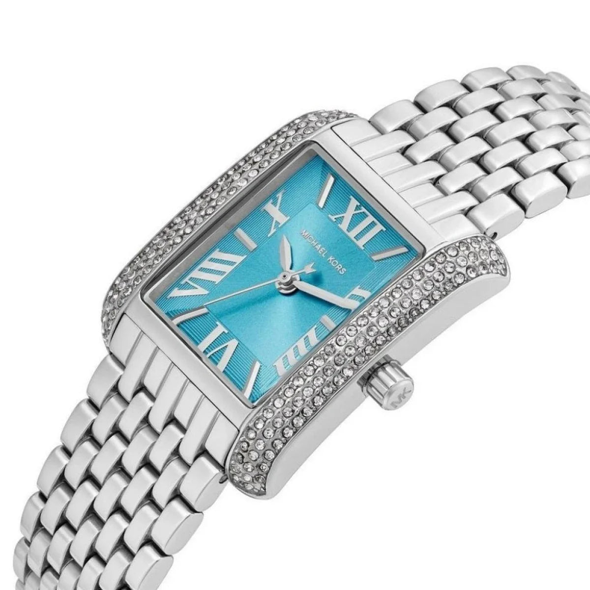 Michael Kors Emery watch angled view showing crystal-set bezel and silver link bracelet