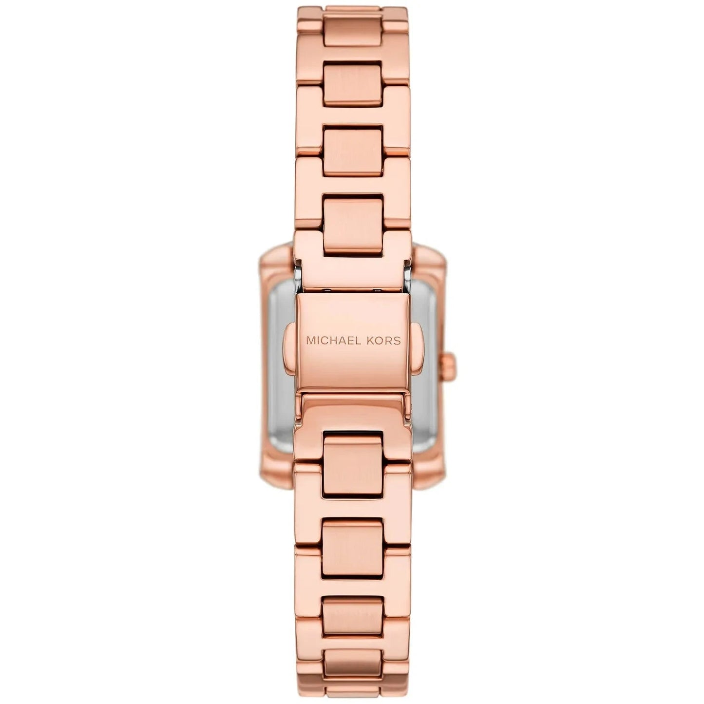 Back view of Michael Kors Mini Emery watch showing rose gold bracelet, case back and Michael Kors branding