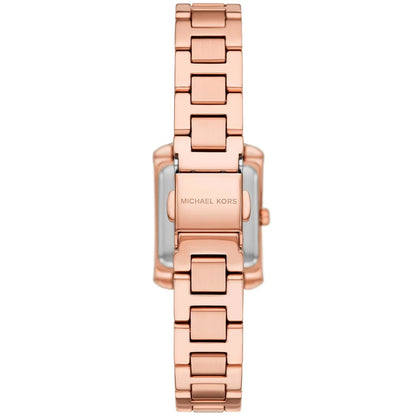 Back view of Michael Kors Mini Emery watch showing rose gold bracelet, case back and Michael Kors branding