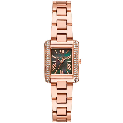 Michael Kors Mini Emery rectangular watch with rose gold case, pavé bezel, green mother-of-pearl dial and rose gold bracelet