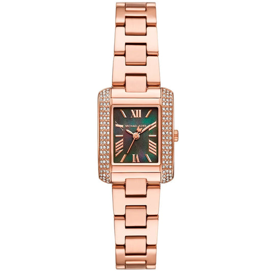 Michael Kors Mini Emery rectangular watch with rose gold case, pavé bezel, green mother-of-pearl dial and rose gold bracelet