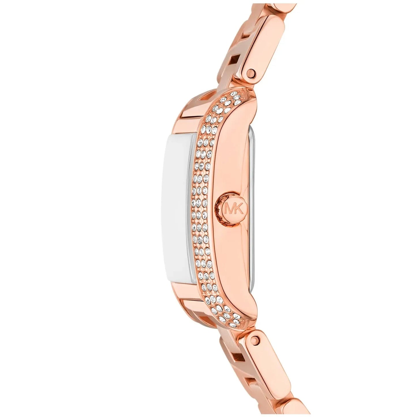 Side profile of Michael Kors Mini Emery watch showing crystal-studded rose gold case and MK logo on clasp