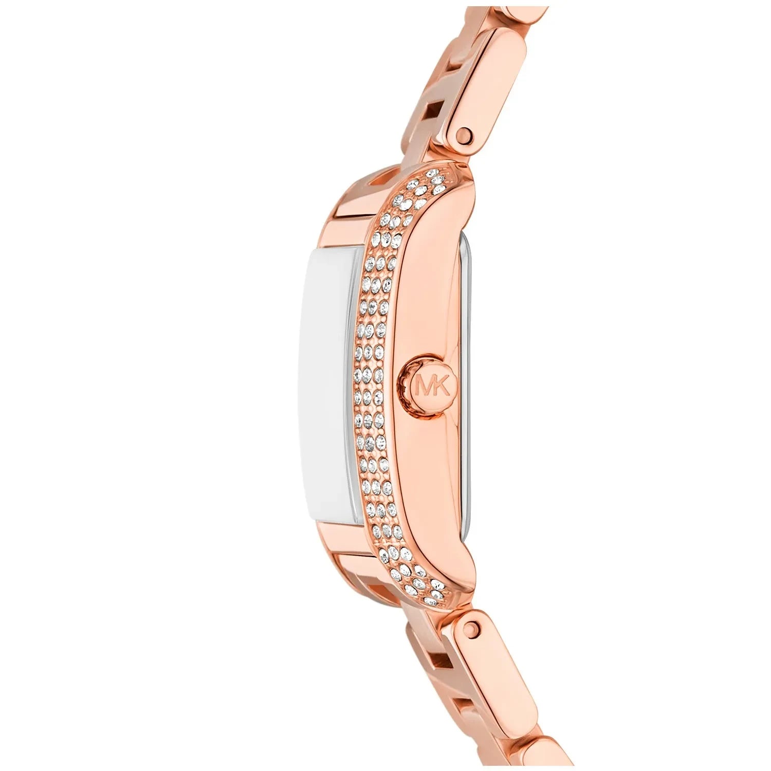 Side profile of Michael Kors Mini Emery watch showing crystal-studded rose gold case and MK logo on clasp