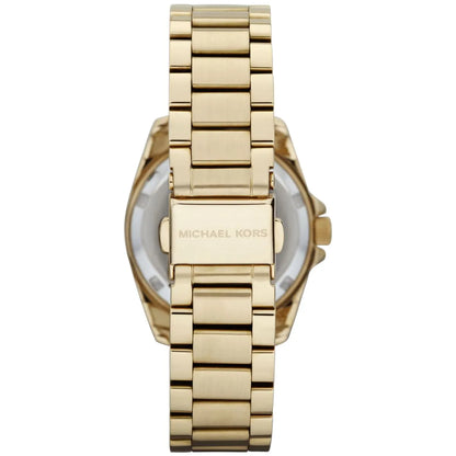 Michael Kors Blair watch caseback with engraved logo and gold stainless steel link bracelet
