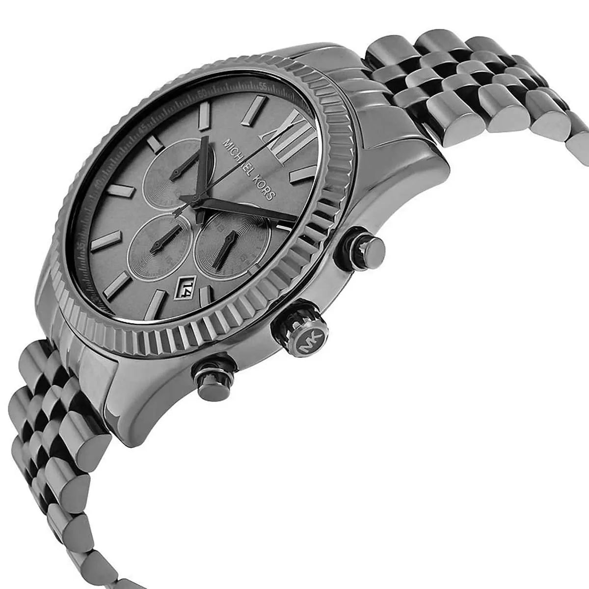 Michael Kors Lexington chronograph watch angled view showing dial and steel bracelet