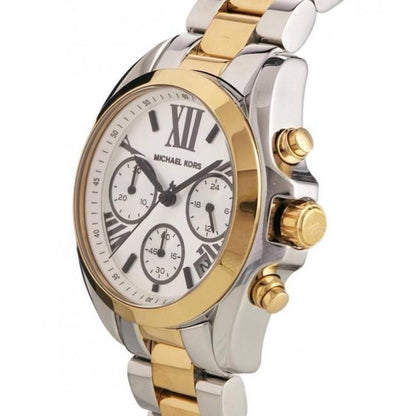 Michael Kors Bradshaw chronograph watch angle view showing silver dial and gold chronograph pushers