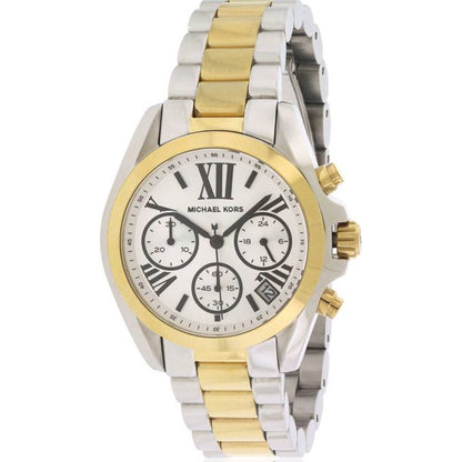 Michael Kors Bradshaw chronograph ladies watch with silver dial, Roman numerals, and two-tone bracelet