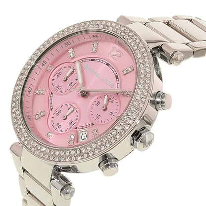 Parker watch angled view showing pink dial, chronograph subdials, and silver bracelet