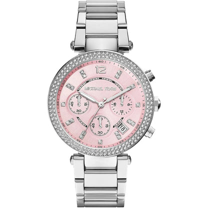 Michael Kors Parker women's chronograph watch with pink dial and crystal bezel