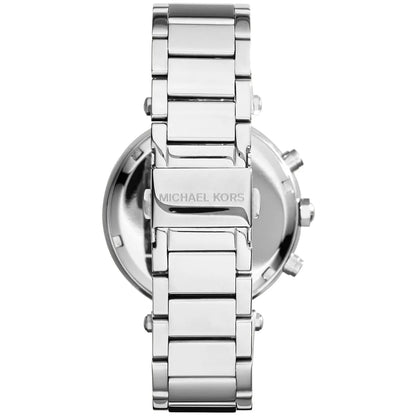 Michael Kors Parker watch caseback view with stainless steel bracelet