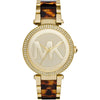 Michael Kors Parker women's watch with gold case, crystal-set bezel, cream dial with MK logo, and tortoise acetate strap
