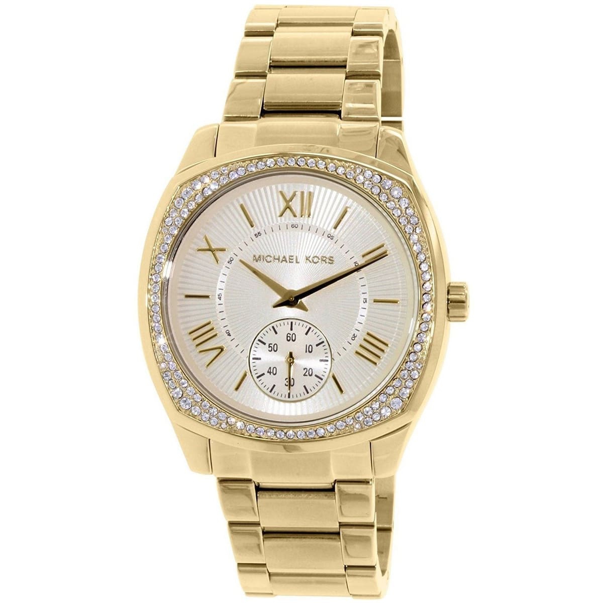 Michael Kors Bryn gold watch angled view showing dial and bracelet detail
