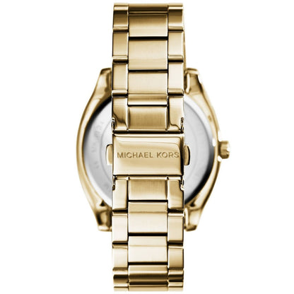 Michael Kors Bryn gold watch caseback showing metal bracelet clasp