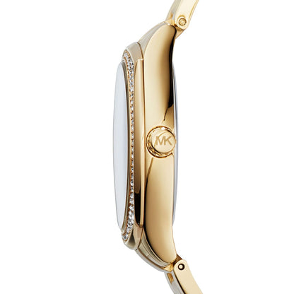 Michael Kors Bryn gold watch side profile with crystal bezel visible