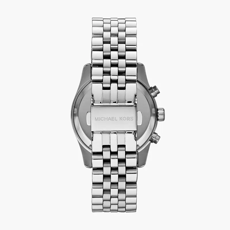 Back view of Michael Kors MK6223 watch showing caseback with stainless steel bracelet