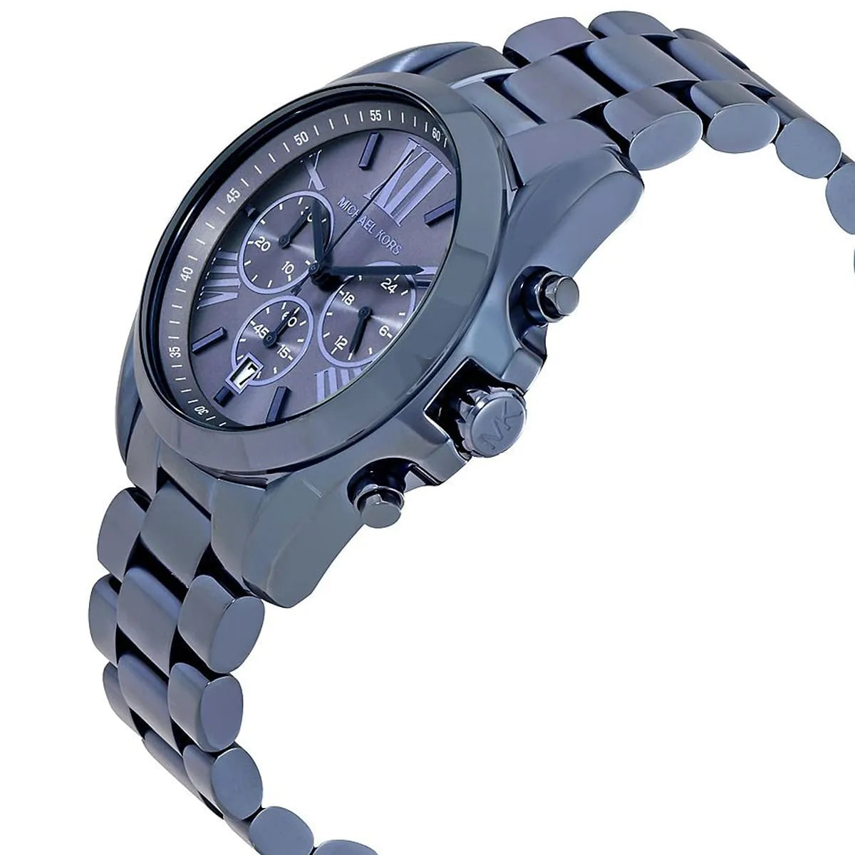 Michael Kors Bradshaw chronograph watch side view with navy stainless steel bracelet