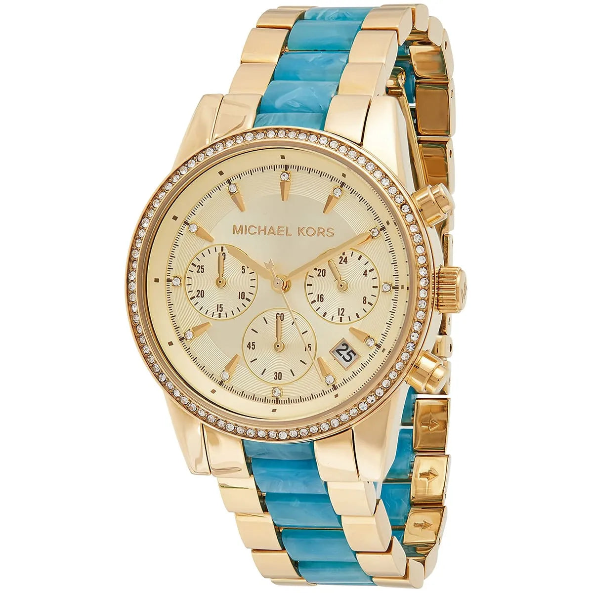 Michael Kors Ritz watch showing full strap design with blue and gold alternating links