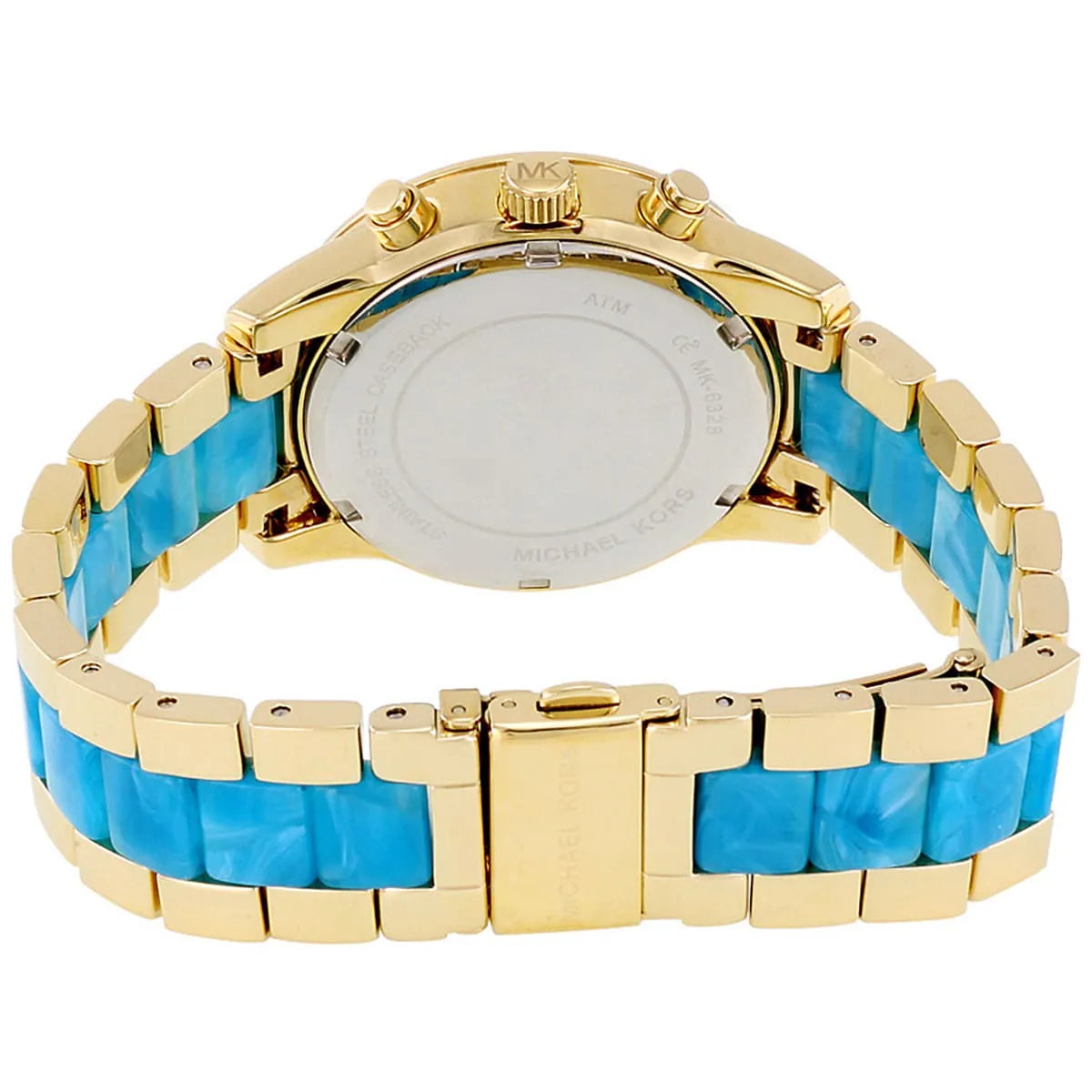 Michael Kors Ritz watch caseback with chronograph mechanism visible