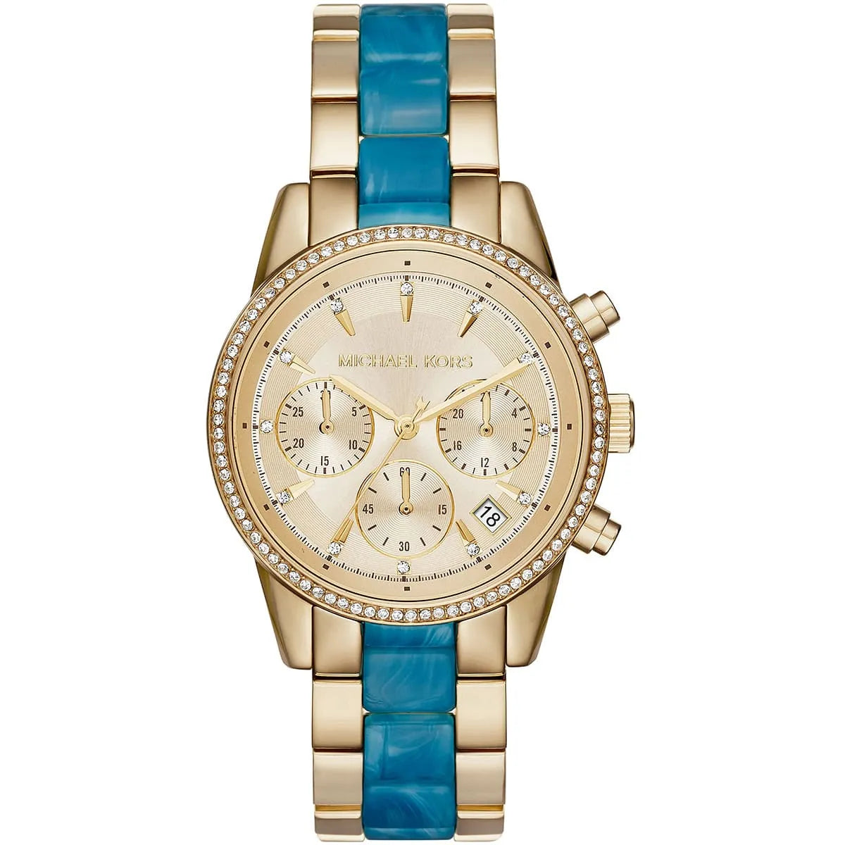Michael Kors Ritz chronograph watch with champagne dial and gold/blue strap