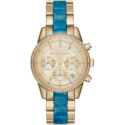 Michael Kors Ritz chronograph watch with champagne dial and gold/blue strap