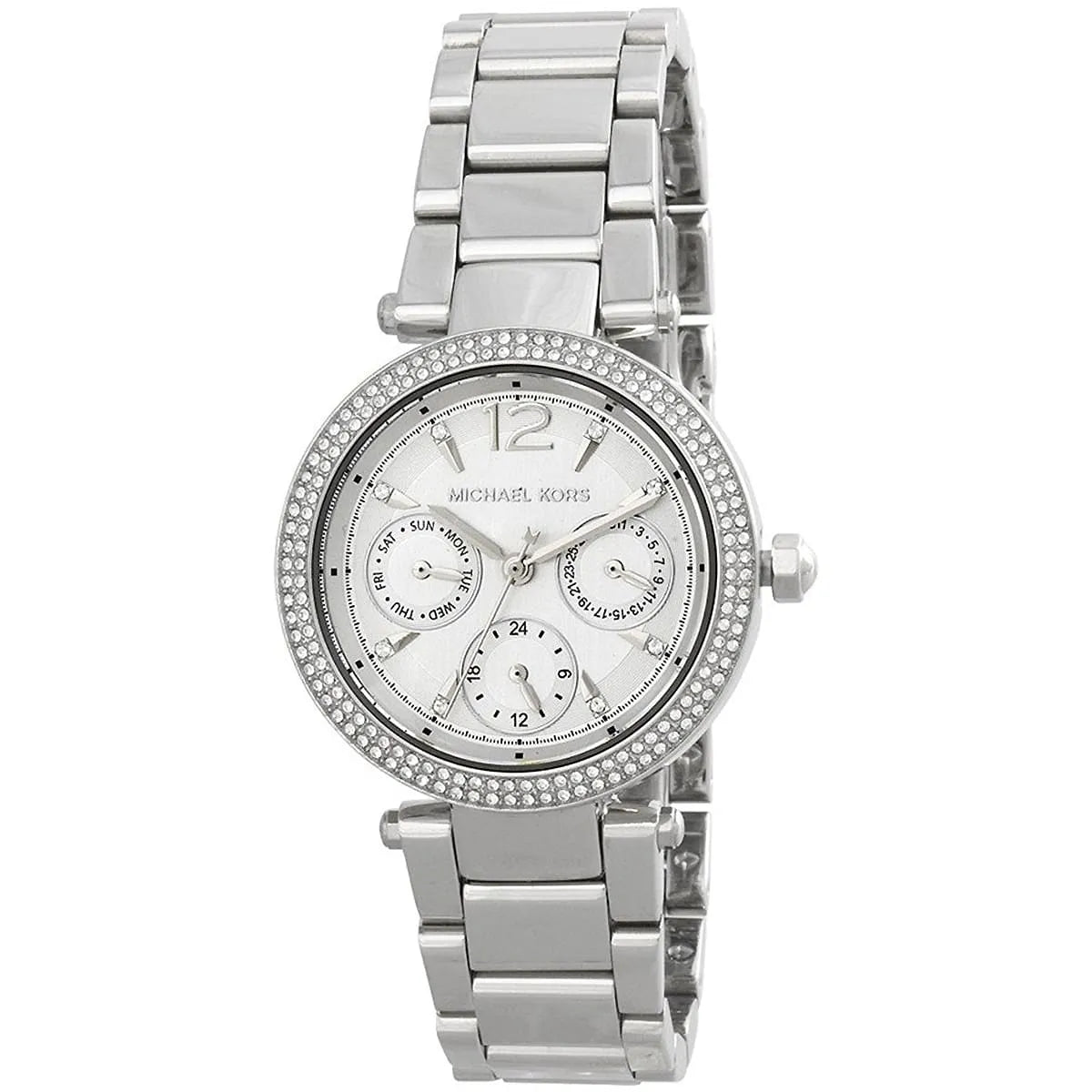 Michael Kors Parker Mini watch featuring white multifunction dial with three subdials